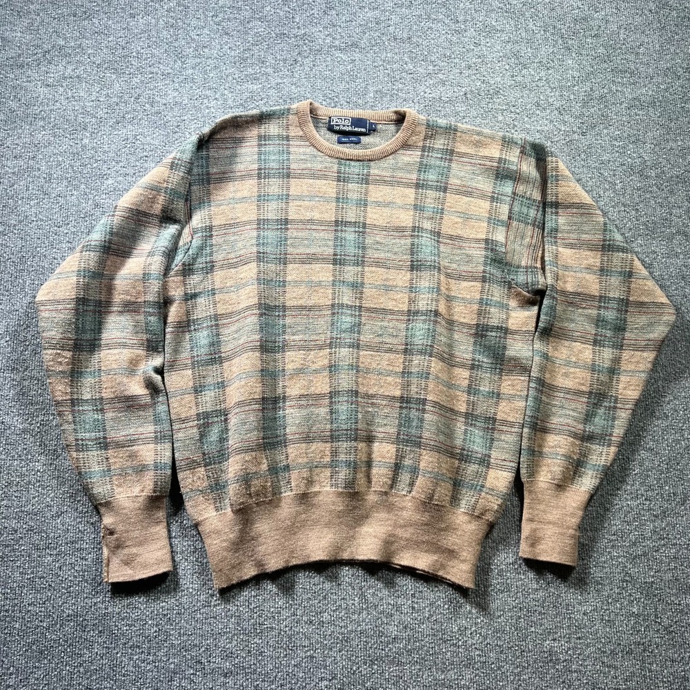 Vintage Polo Ralph Lauren Sweater Mens Large Multicolor Plaid 100% Wool Preppy
